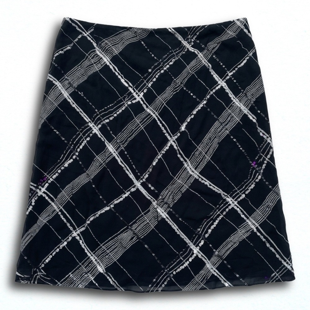 Maggie Barnes Women 4X Black White Plaid Sequin Rayon Lined Midi Skirt
